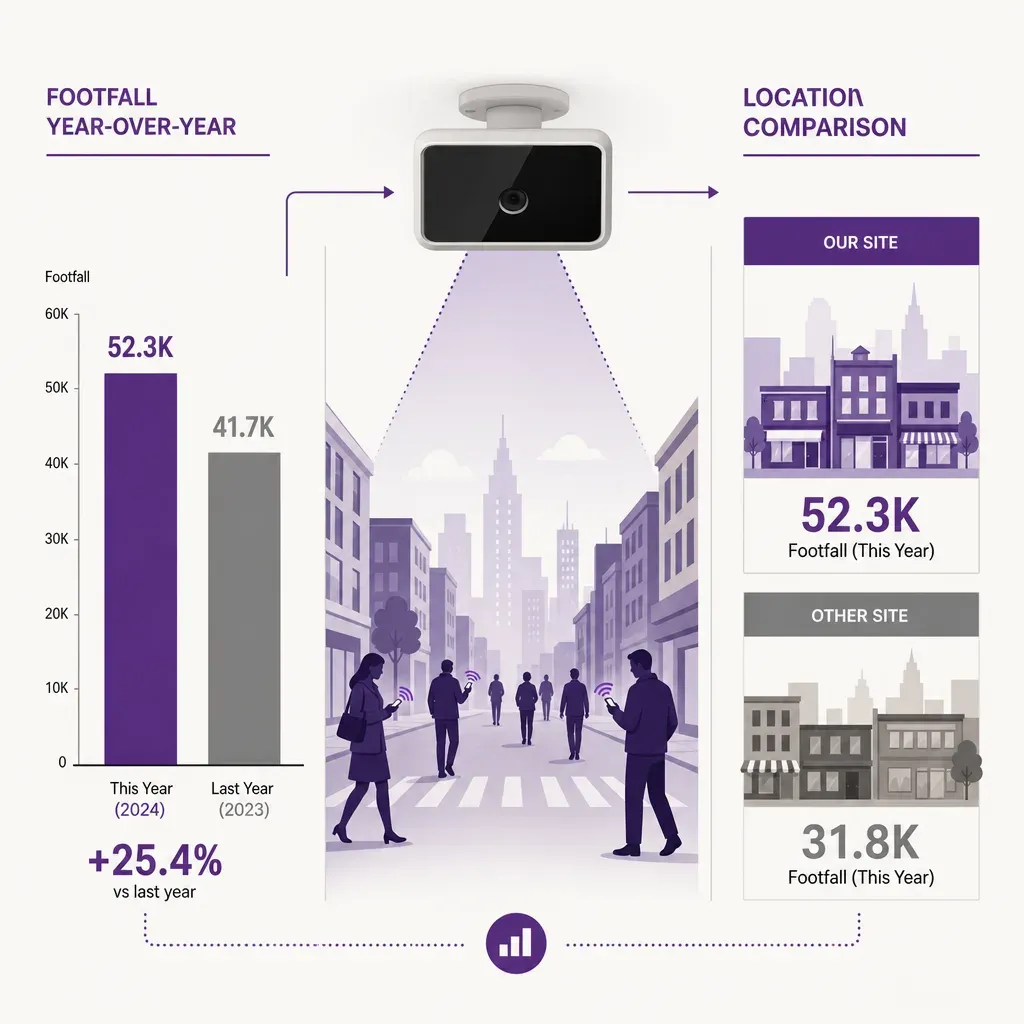flat vector infographic of a people-counting sensor over a city street with bar charts comparing footfall data across years a