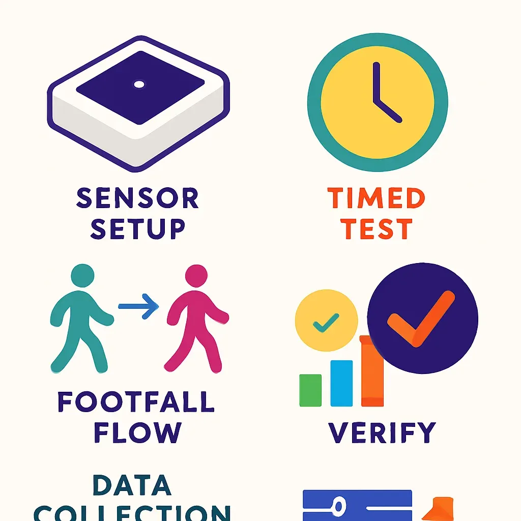 infographic showing five steps to verify people-counting accuracy: sensor setup, timed test, footfall flow, data collection, 