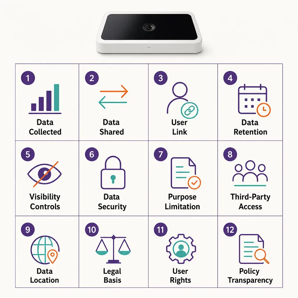 infographic of a sensor with twelve labeled icons representing privacy questions for sensors in a colorful grid