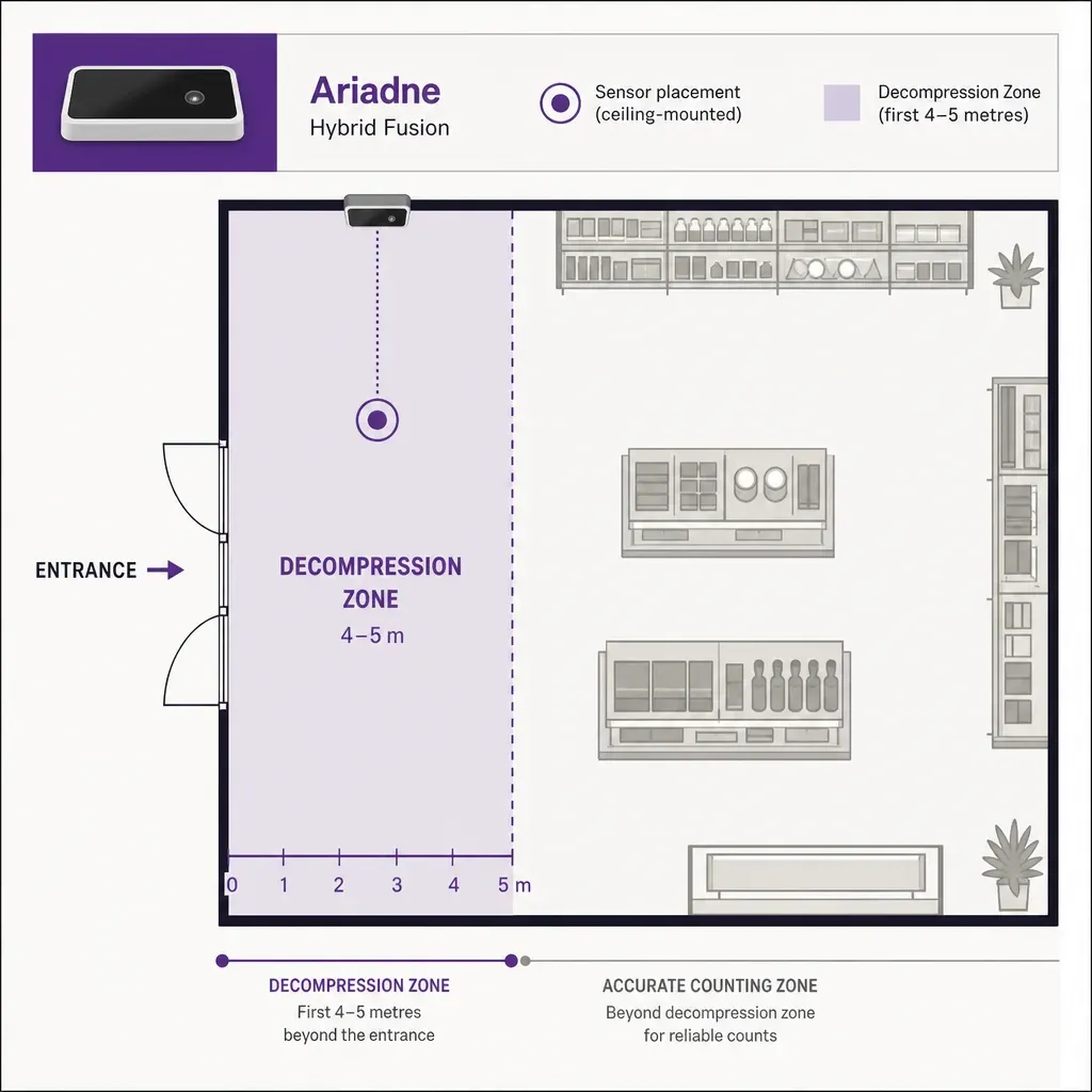 vector infographic showing a retail store entrance with a highlighted decompression zone and a ceiling-mounted people-countin