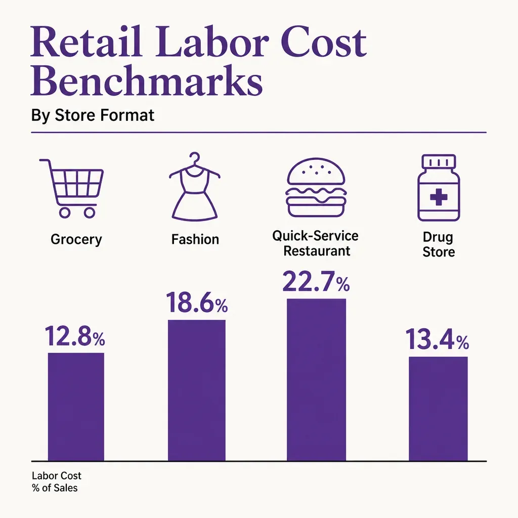 Colorful infographic showing labor cost percentage benchmarks for grocery, fashion, quick-service restaurant, and drug store 