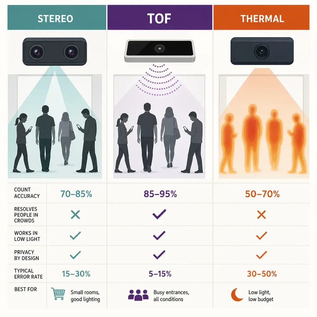 Flat vector infographic comparing stereo, ToF, and thermal people-counting sensors with icons and short feature labels in Ari