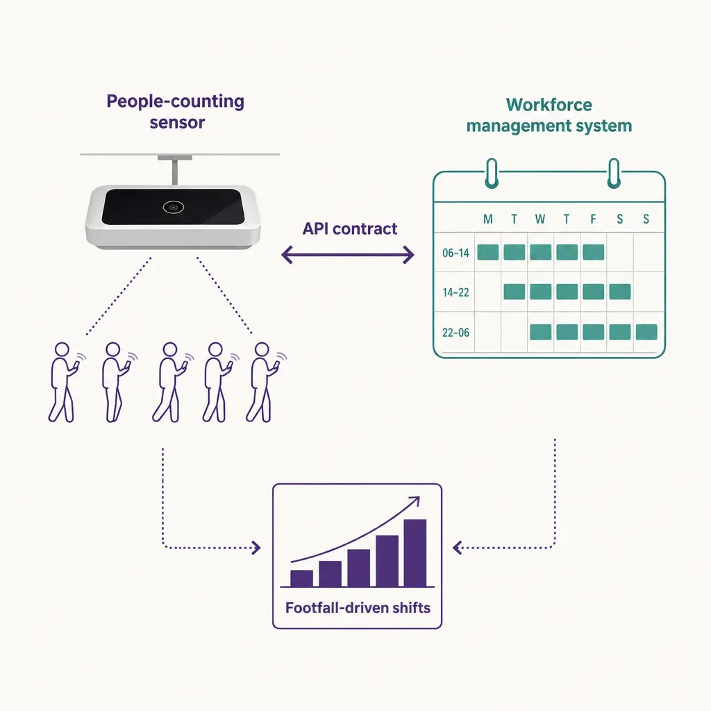 Infographic showing people-counting sensor connected via API contract to workforce scheduling calendar, with a bar chart illu