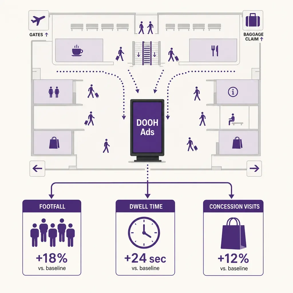 Infographic illustrating airport digital advertising attribution linking screens to footfall, dwell time, and concession visi
