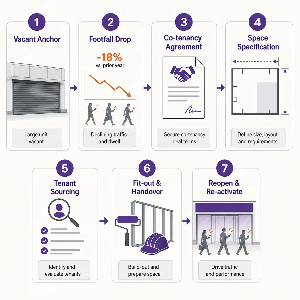 infographic flowchart showing seven steps in replacing an anchor tenant in a shopping centre with icons and arrows
