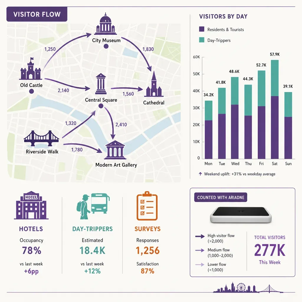 colorful vector infographic showing city landmarks connected by arrows representing visitor flow and a bar chart comparing da