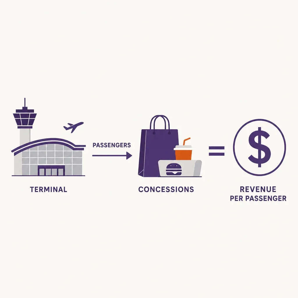 Infographic illustrating airport concession revenue per passenger metric with icons for terminal, passengers, concessions, an