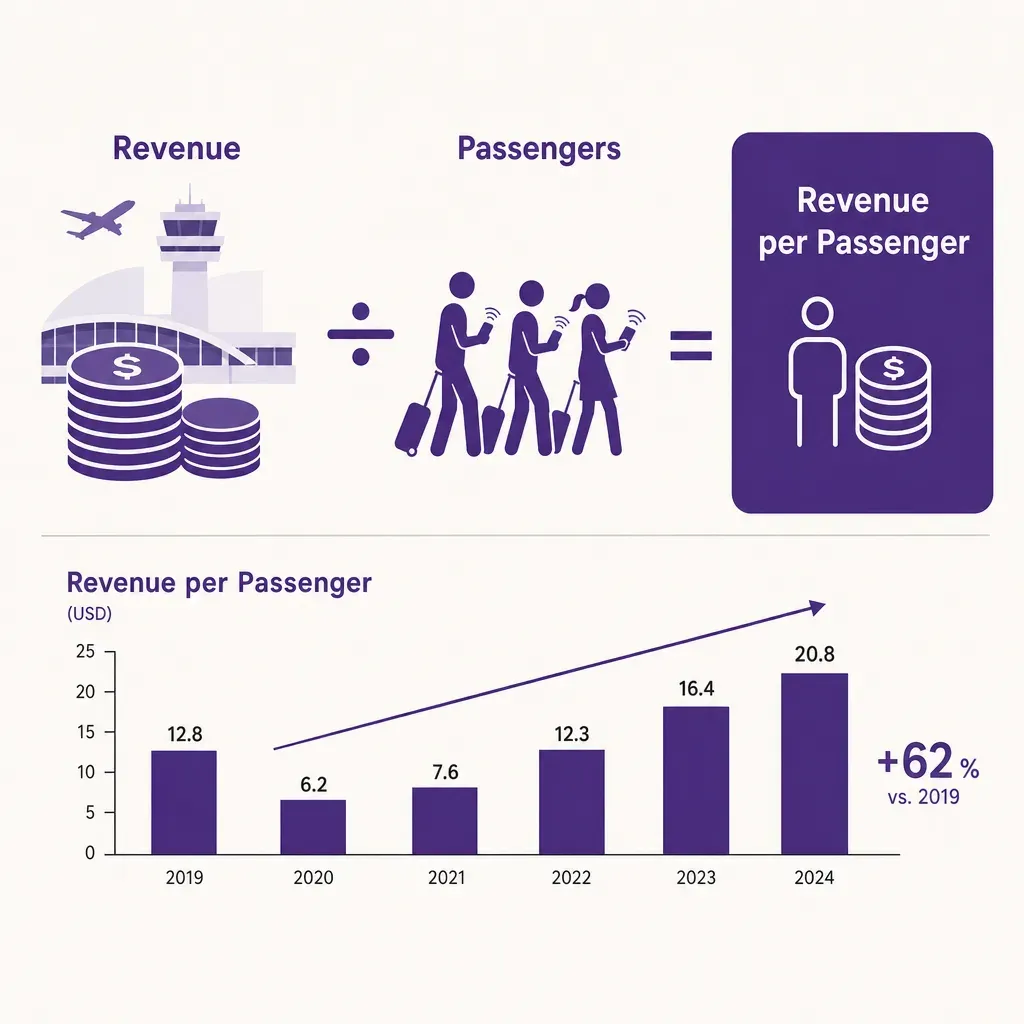 Flat vector infographic illustrating airport concession revenue divided by passenger count with simple icons and a small char