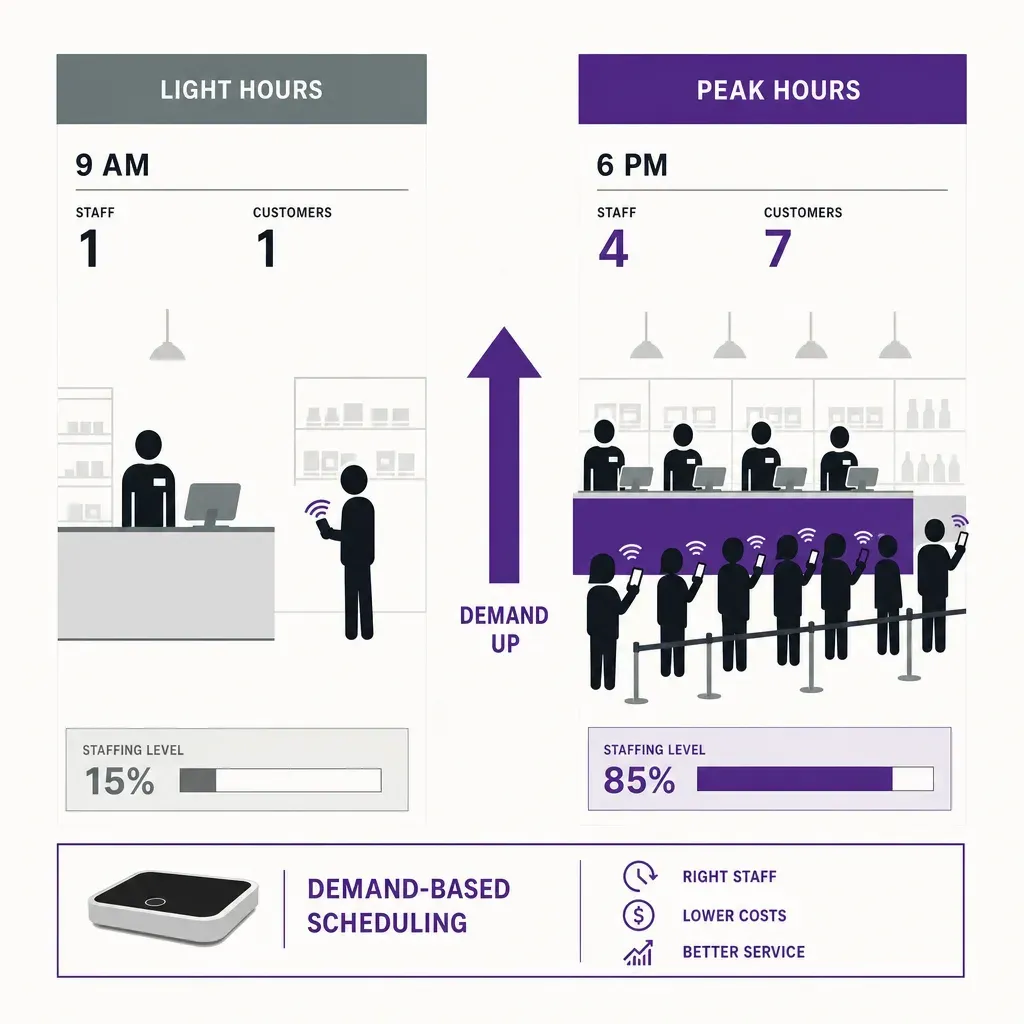 Flat vector infographic comparing low and high retail customer demand times with corresponding employee scheduling adjustment