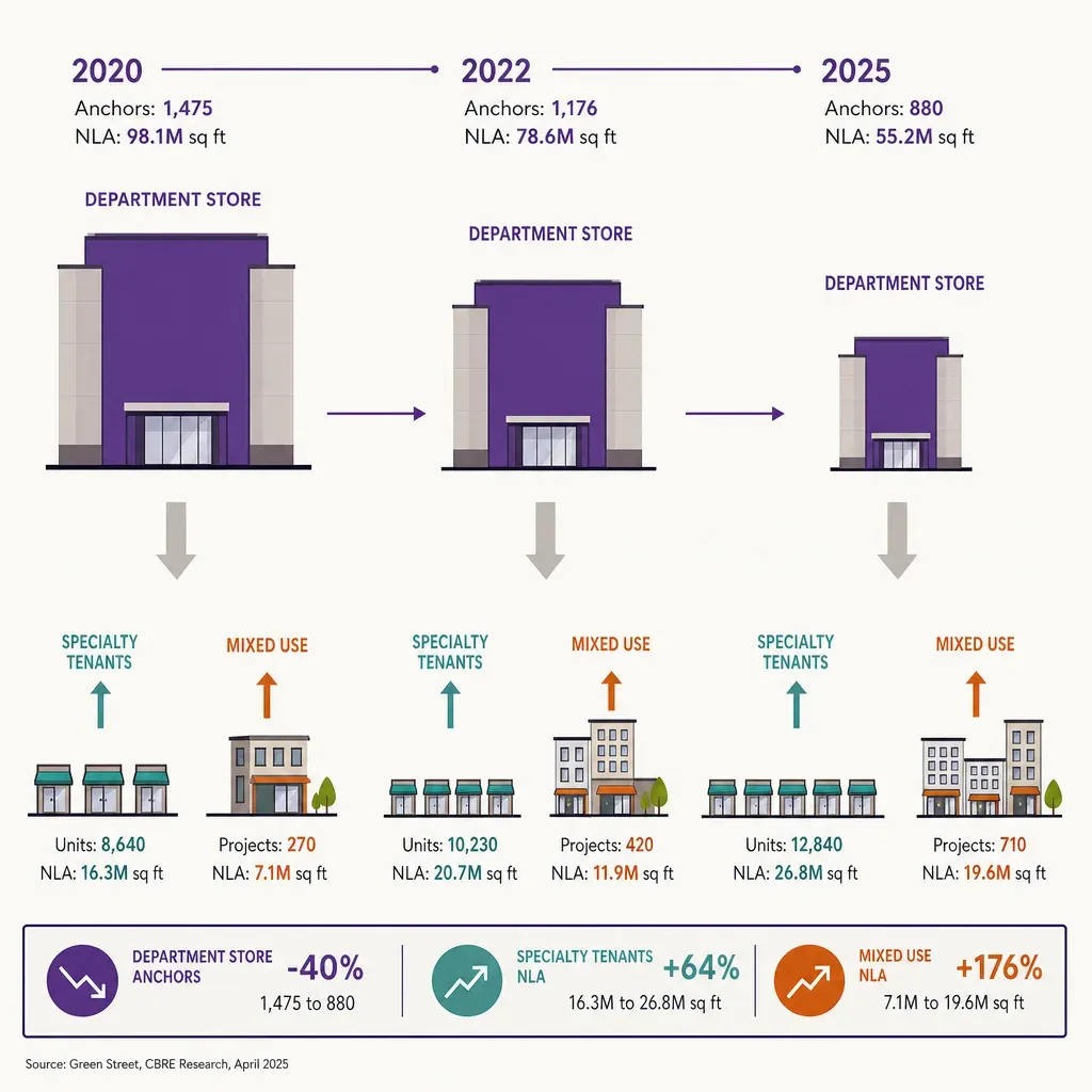 Infografik zum Rückgang von Kaufhausankermietern und Anstieg von Fachmietern und Mischformen in Einkaufszentren von 2020 bis