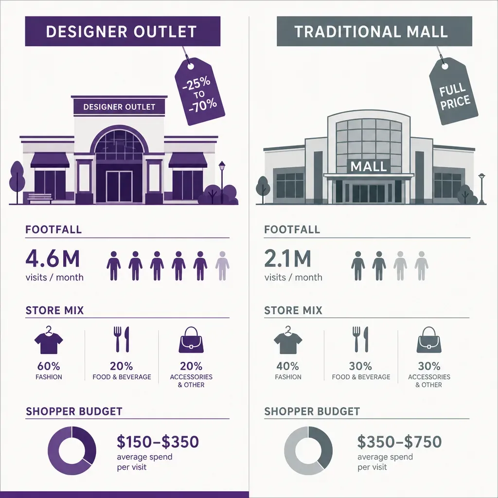 side-by-side infographic comparing designer outlet and mall with icons for discount, full price, footfall, and rent