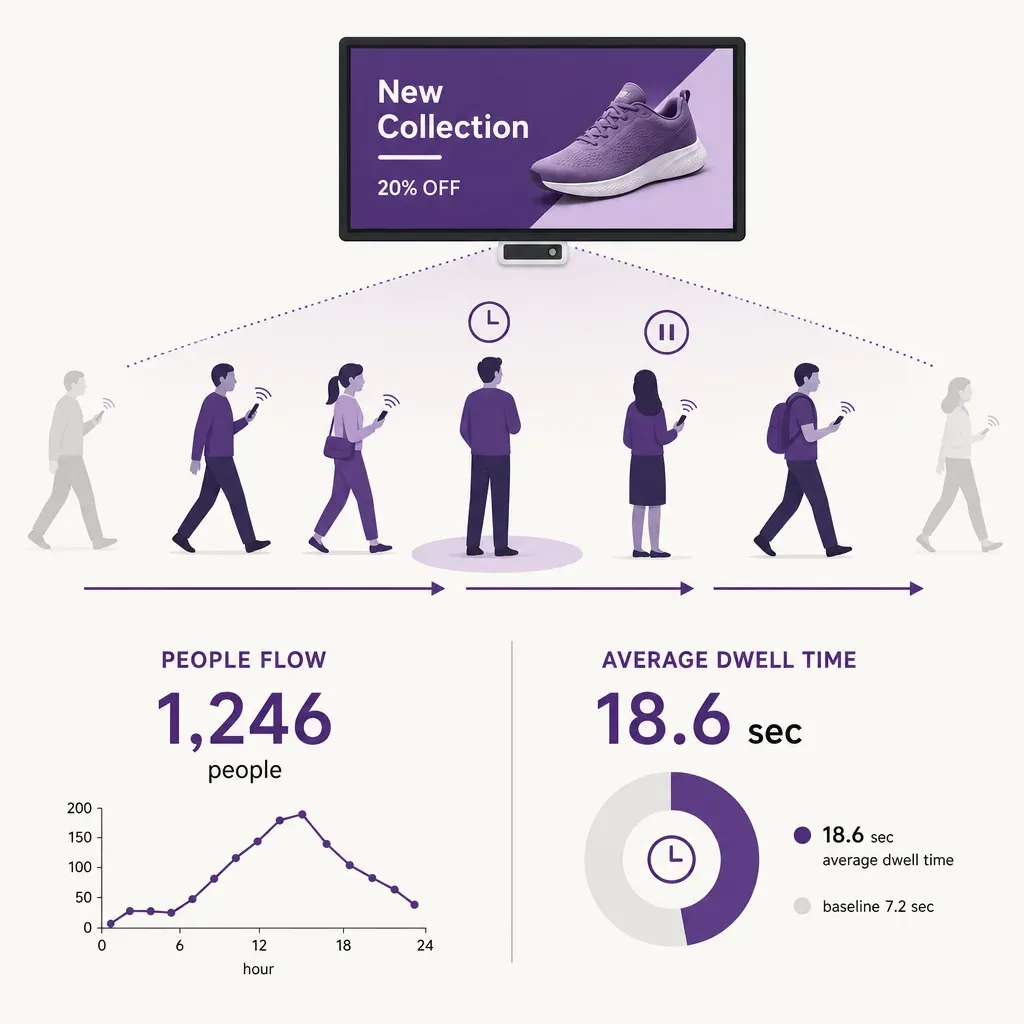 infographic showing digital screen with people passing by and some stopping, illustrating reach versus dwell time metrics
