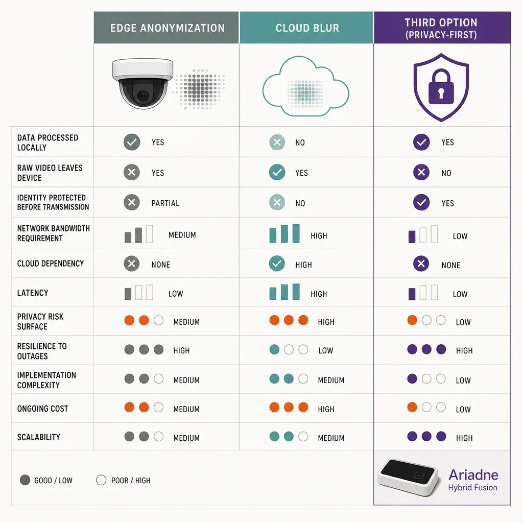 Infographic comparing edge anonymization, cloud blur, and a third privacy option with icons and feature checkmarks in three c