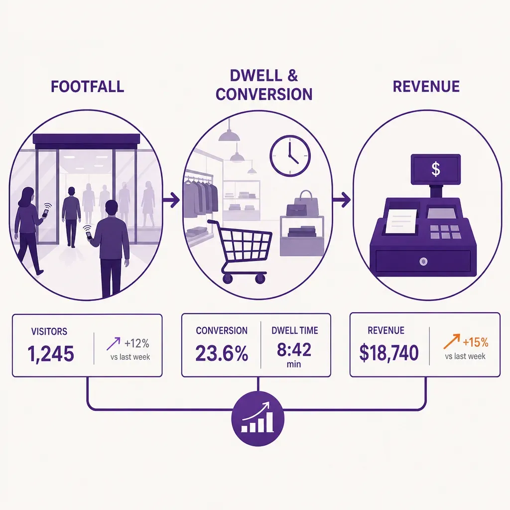 Flache Vektorinfografik zeigt Fluss von Kundenfrequenz über Verweildauer und Conversion Rate zu Umsatz mit einfachen