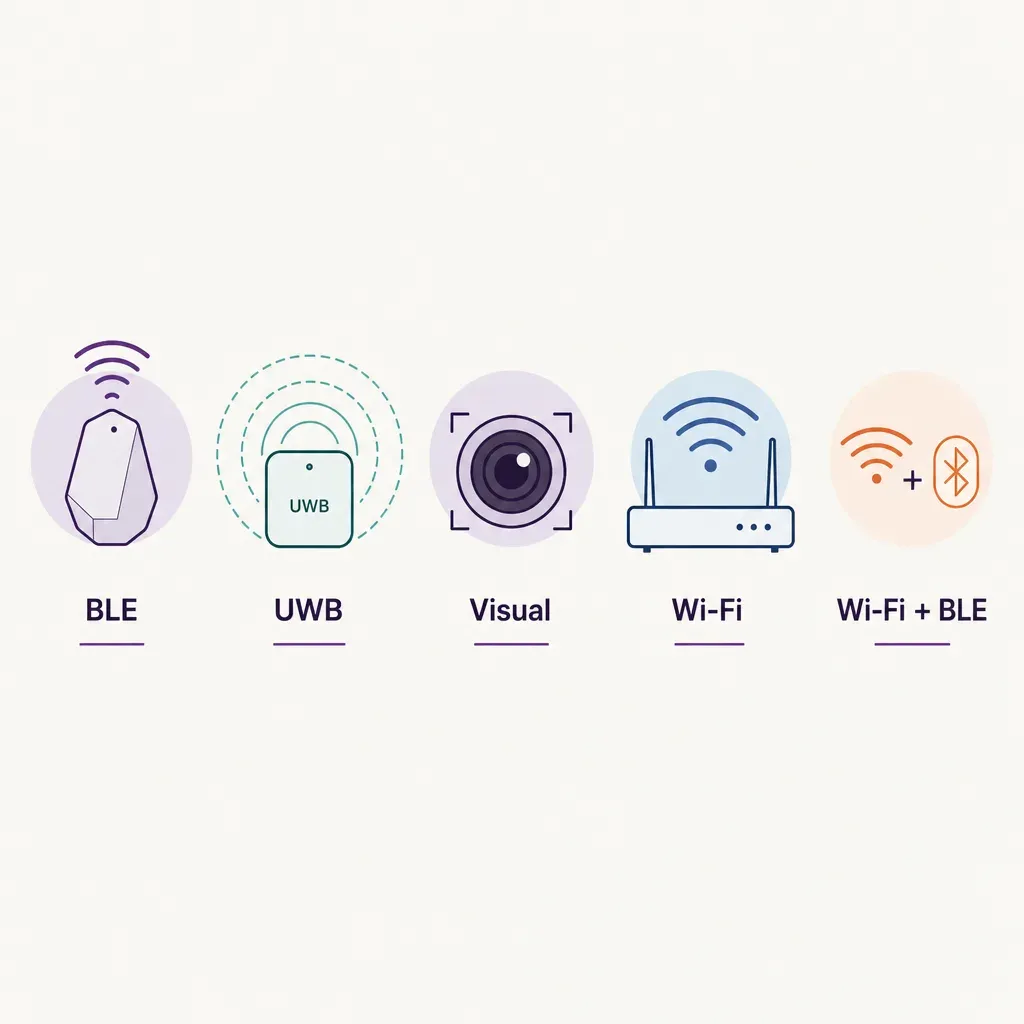 Flat vector infographic comparing indoor positioning technologies BLE, UWB, visual, Wi-Fi, and Wi-Fi plus BLE with icons and