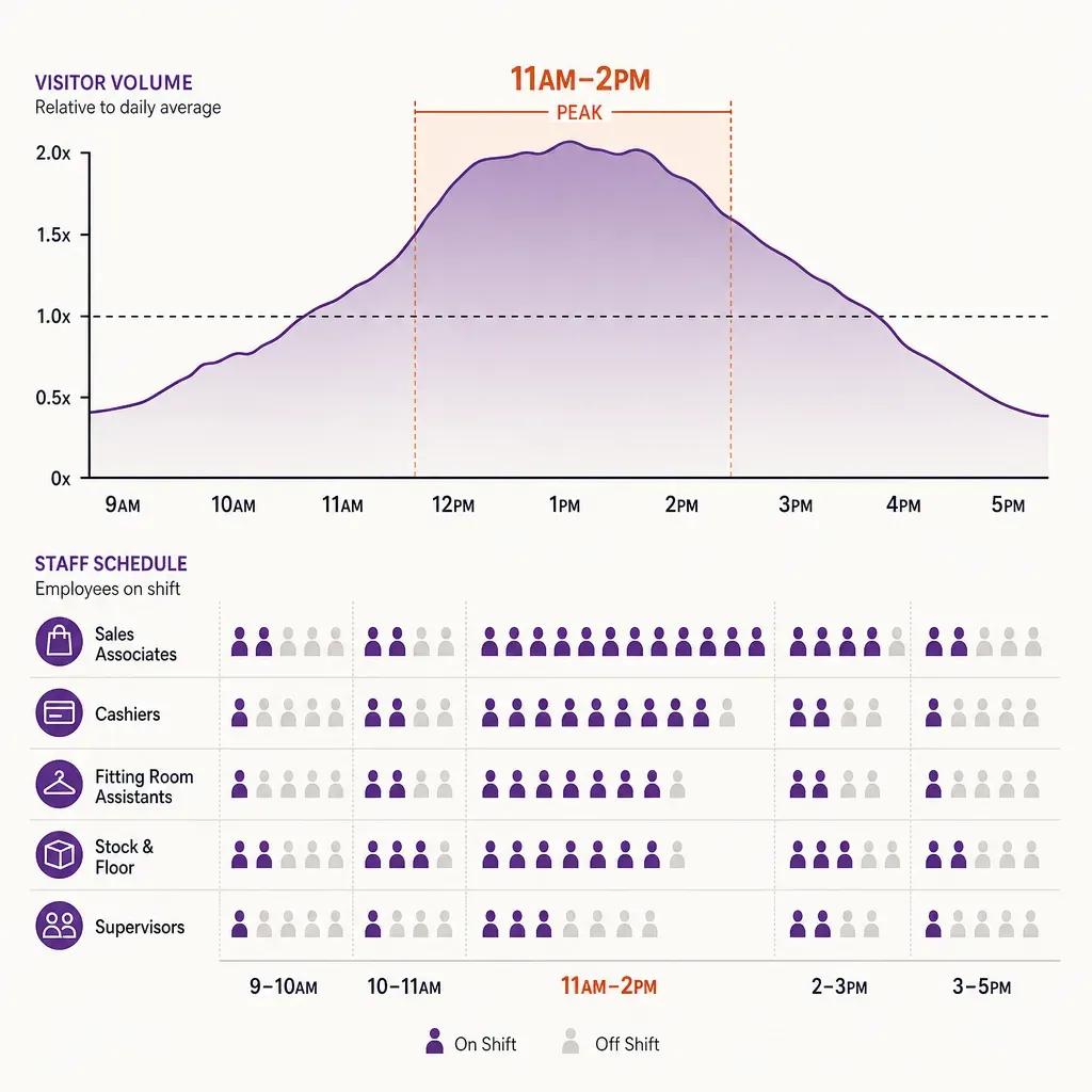 infographic timeline showing lunch hour visitor peak with matching variable employee shift icons illustrating scheduling to m