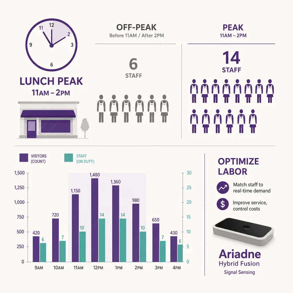 infographic with clock, store, employee icons, and bar chart showing increased staff during lunch hour peak from 11am to 2pm