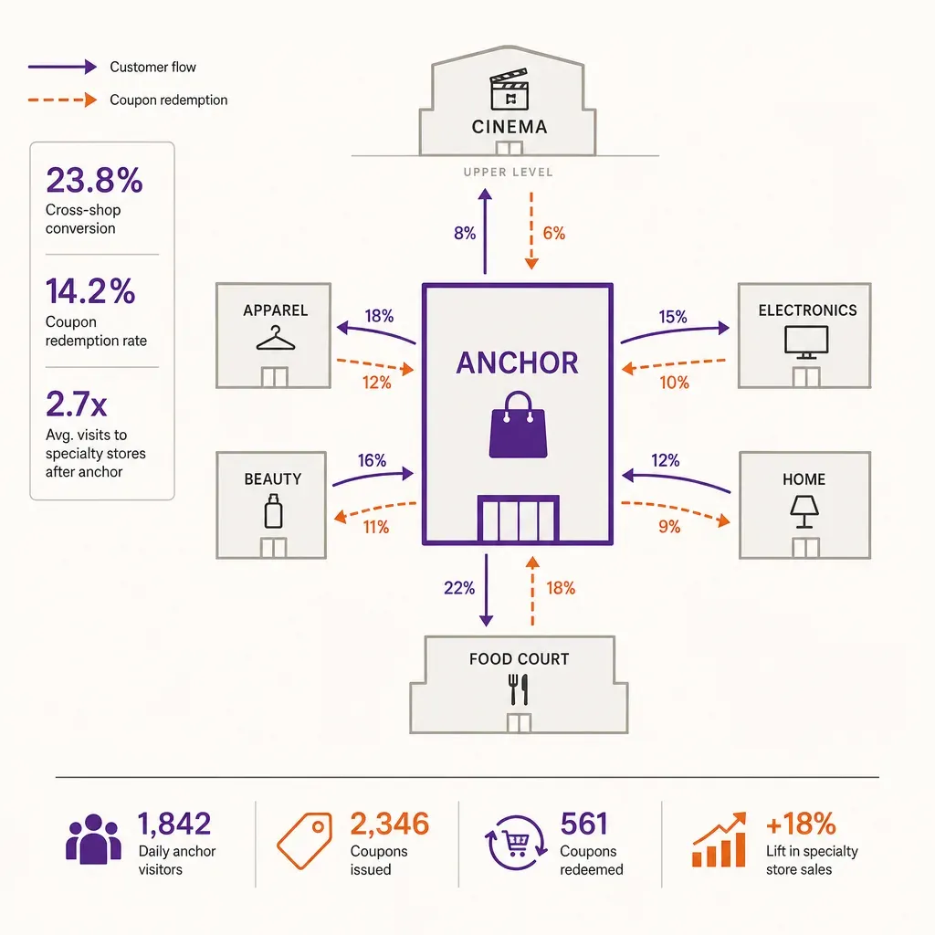 Colorful vector infographic showing customer flow from an anchor store to specialty shops, food court, and cinema with arrows