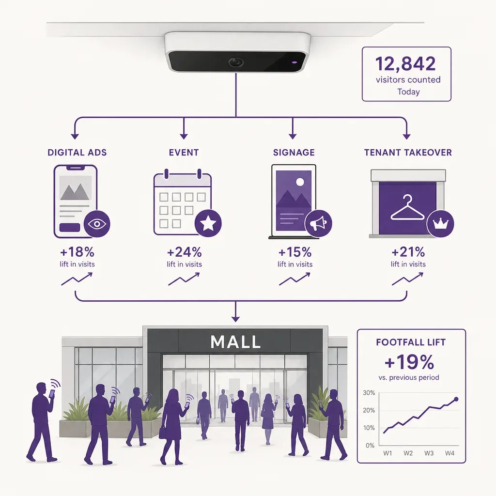 infographic of a ceiling-mounted people-counting sensor linking marketing campaign icons to rising mall footfall figures