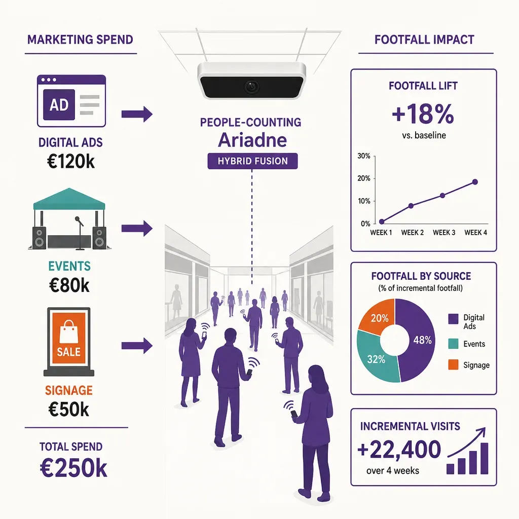 colorful infographic linking marketing spend icons through a people-counting sensor to a bar chart of increased mall footfall