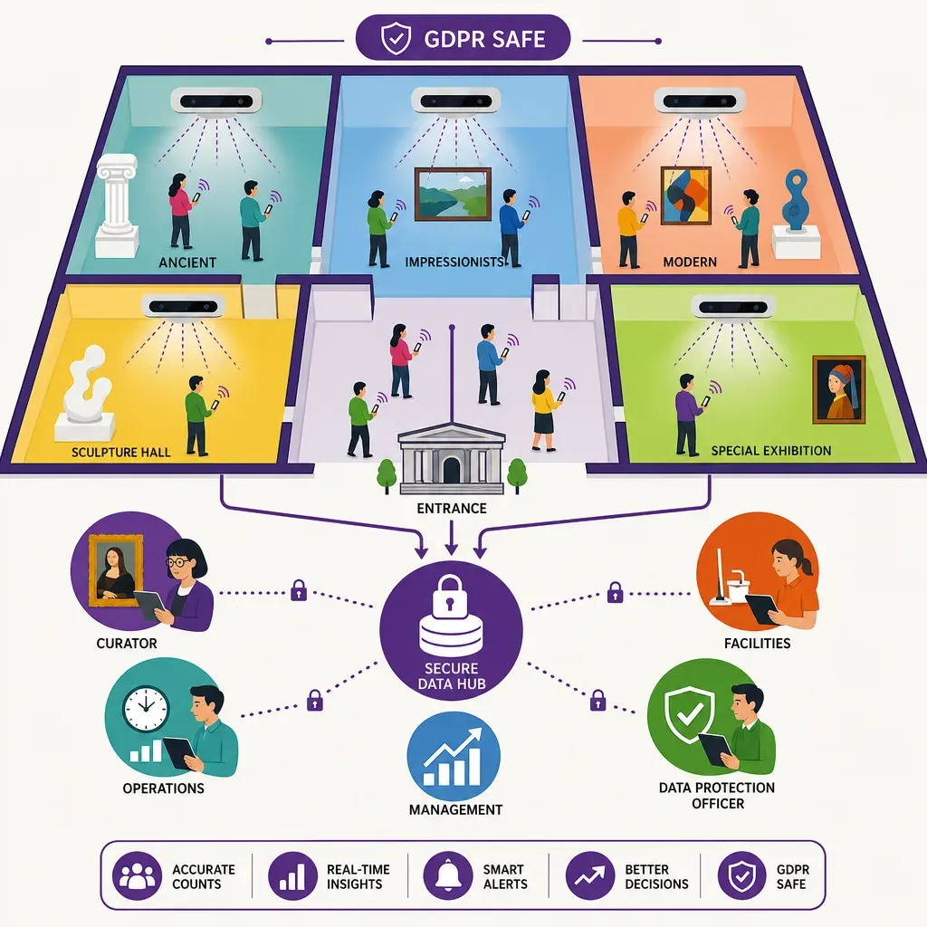 Infographic showing museum zones with ceiling sensors feeding data to a secure hub serving curators, operations, funders, and