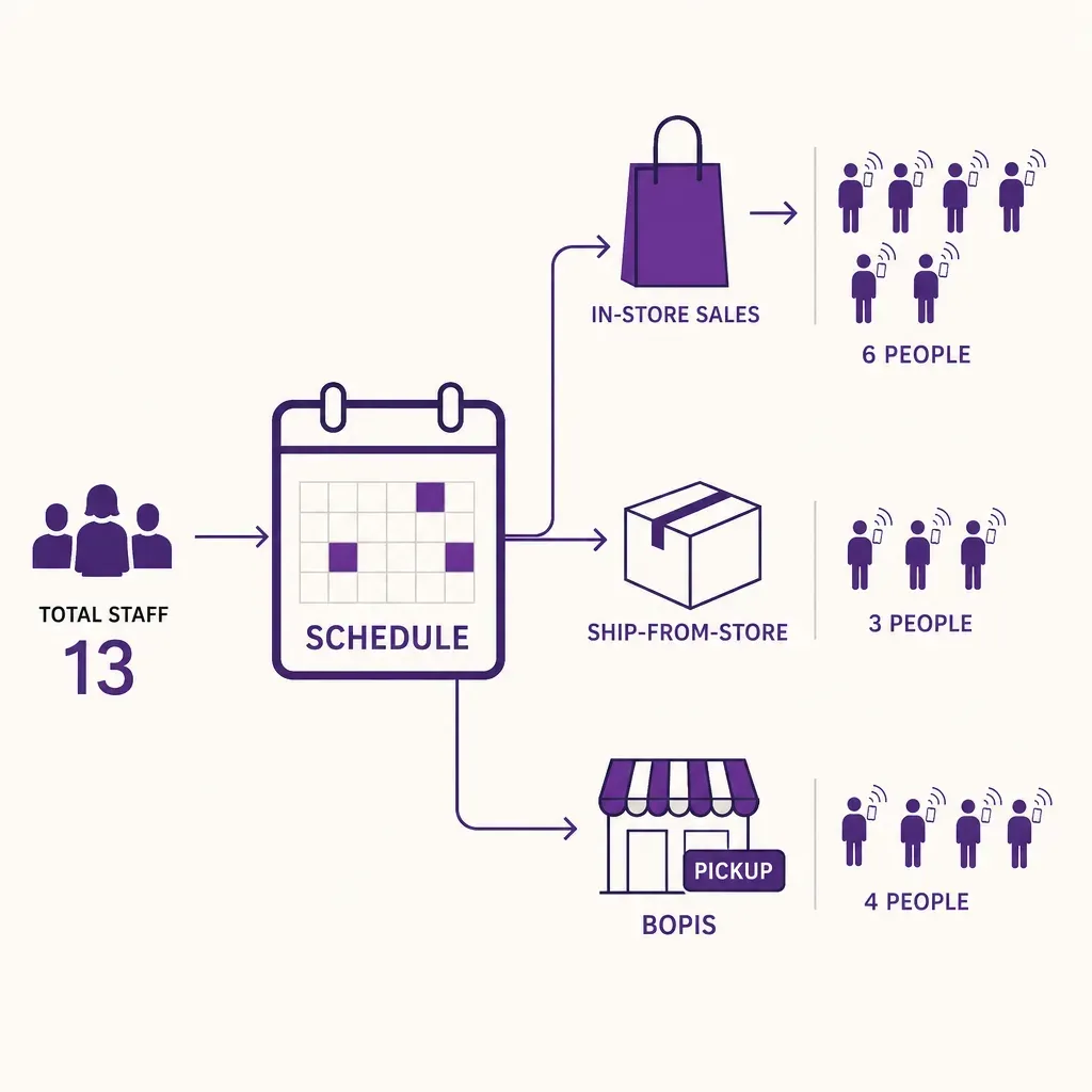 colorful infographic showing a scheduling calendar linked to icons for in-store sales, ship-from-store, and BOPIS with variab