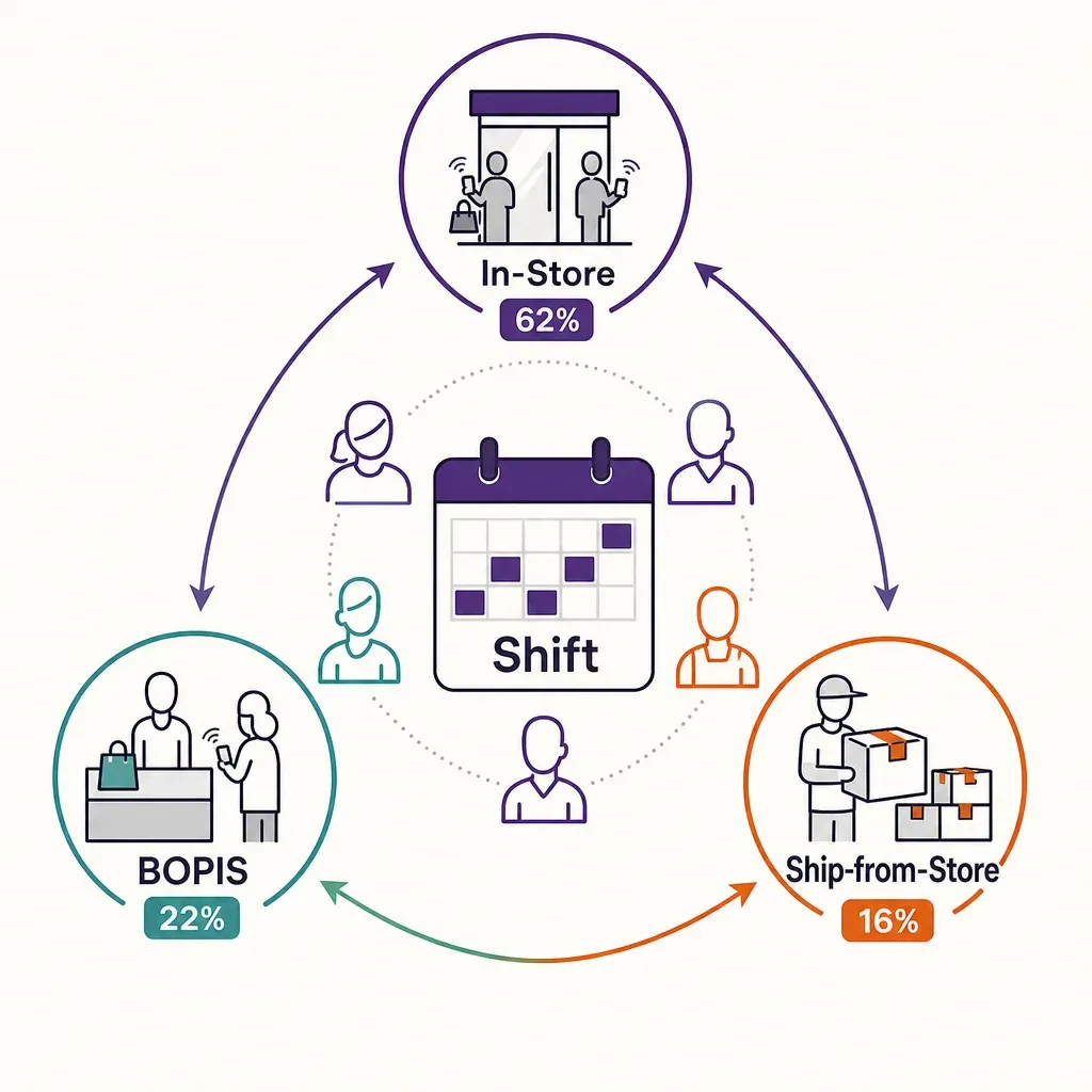 flat vector infographic illustrating employee scheduling balancing in-store sales, BOPIS pickups, and ship-from-store fulfill