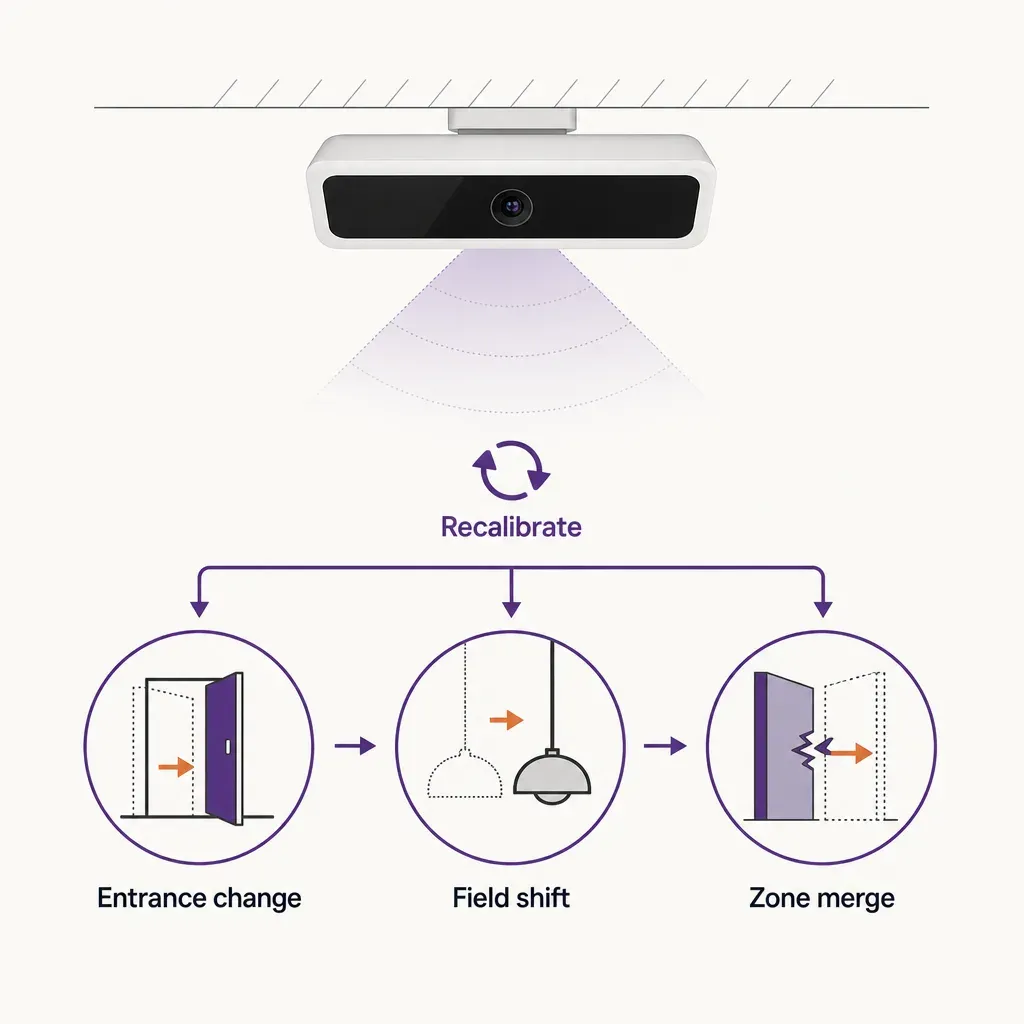 infographic showing a people counting sensor with icons representing entrance changes, fixture shifts, and zone merges leadin