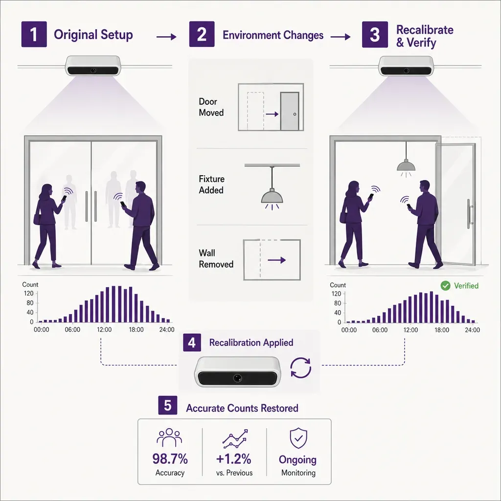 vector infographic illustrating the flow from original people counter setup through environmental changes to recalibration st