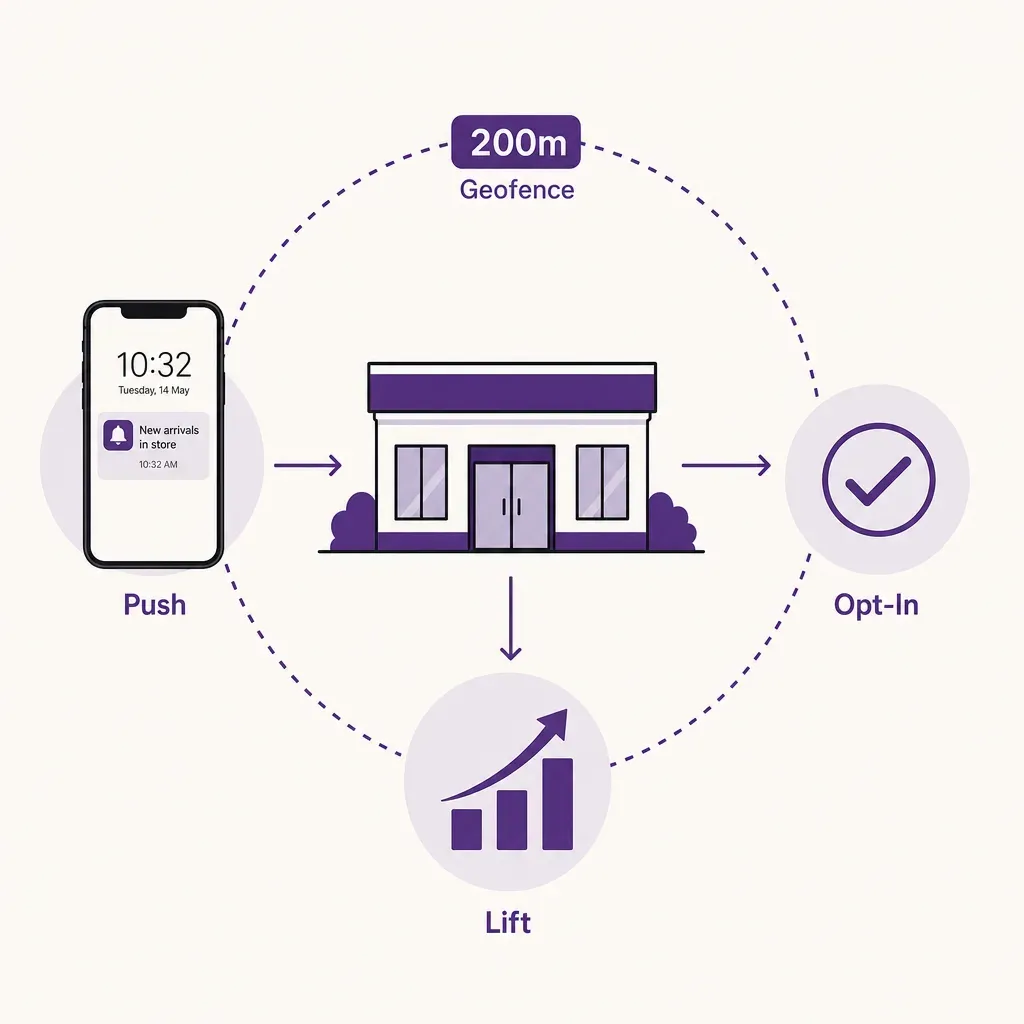 infographic showing a retail store icon with a 200m geofence circle, opt-in trigger smartphone notification, and measurable l