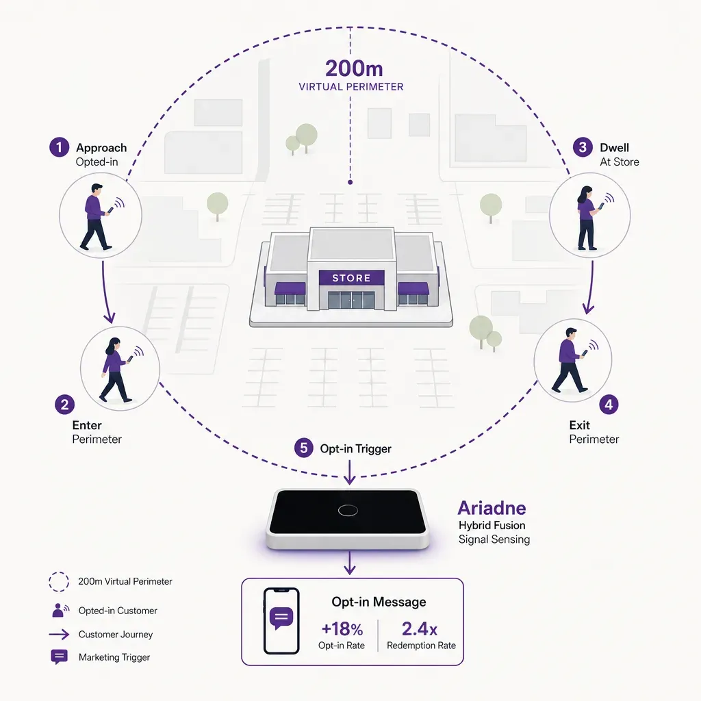 Vector infographic of a store with a 200m geofence circle showing opted-in customers triggering notifications and feedback lo