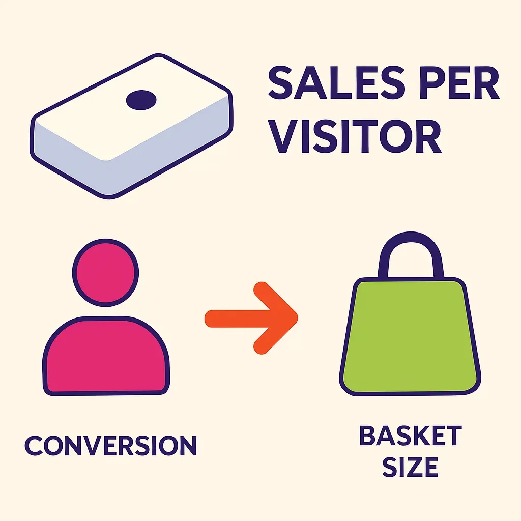 flat vector infographic illustrating sales per visitor metric with a people-counting sensor, conversion and basket size icons