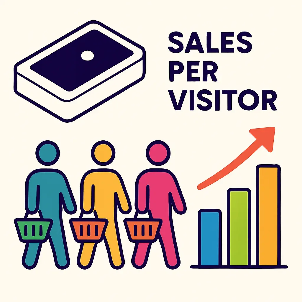 vector infographic illustrating sales per visitor metric with people-counting sensor, shoppers, baskets, and a rising bar cha