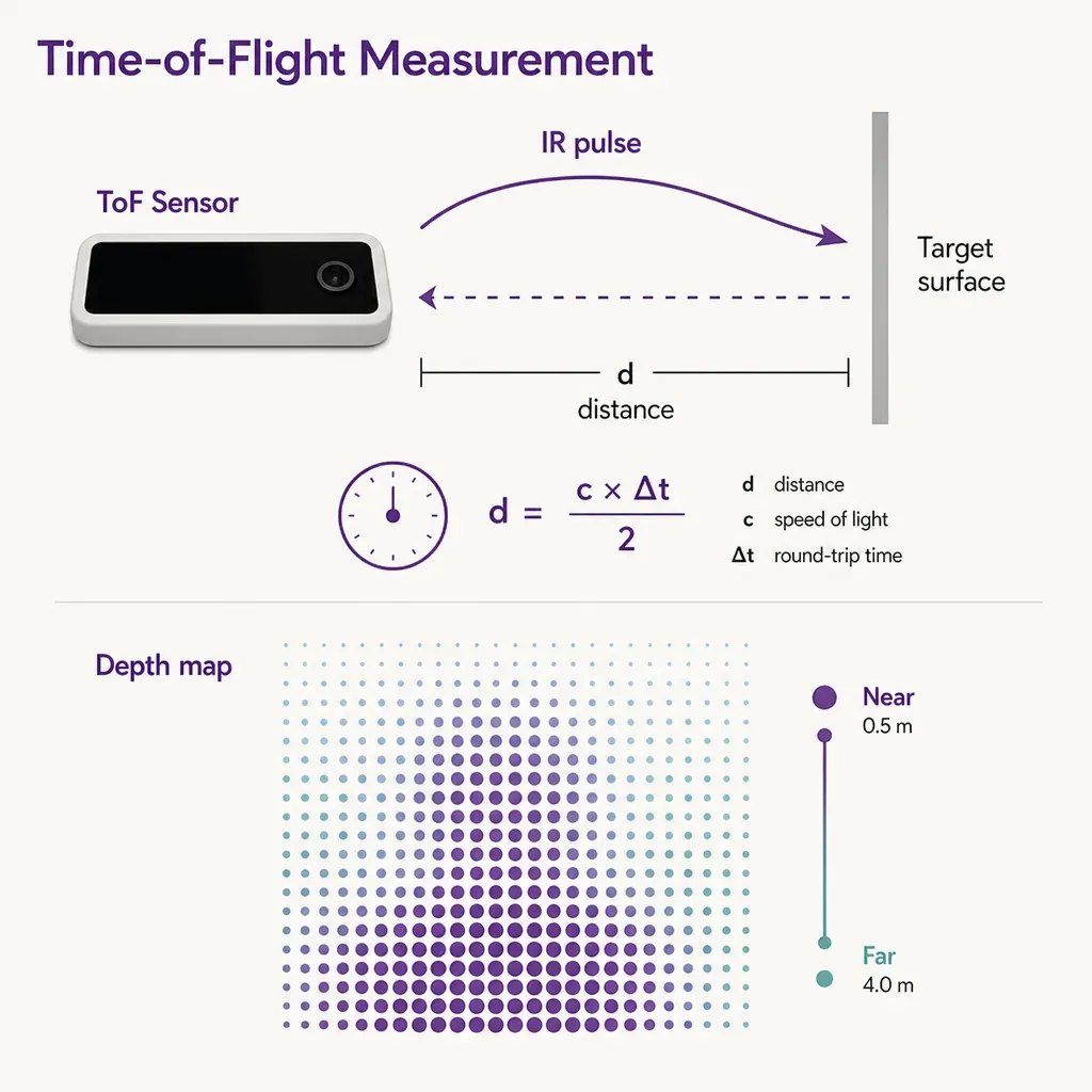 Infographic illustrating a Time-of-Flight sensor emitting an infrared pulse, measuring distance and creating a depth map, res