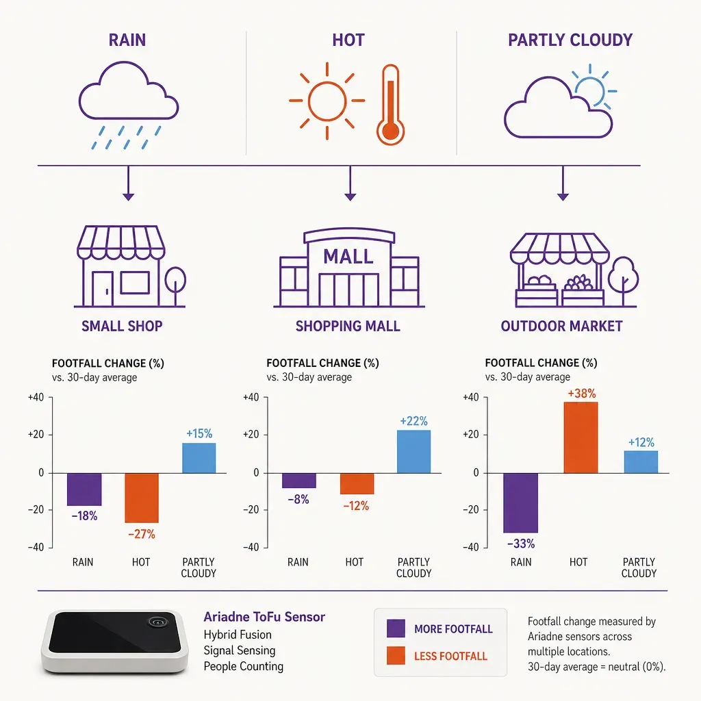 colorful infographic showing how rain, temperature, and cloud cover affect footfall in different retail formats measured by p